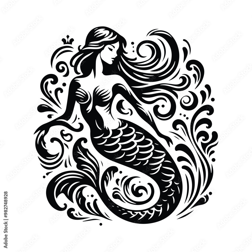 Fototapeta premium Mermaid with victorian flourish decoration in black and white illustrations, cutout graphic
