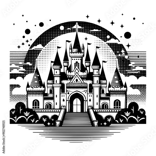 fantasy castle on the cloud black and white