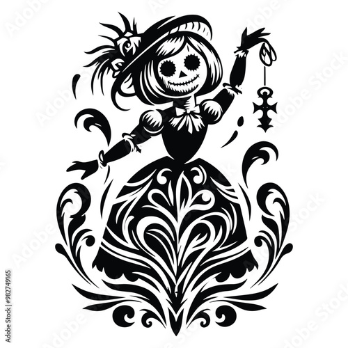 murder doll with victorian flourish decoration in black and white illustrations, cutout graphic