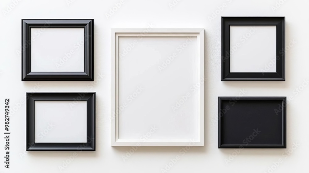 A collection of empty photo frames in various sizes and colors, perfect for displaying art or memories on a wall. A collection of empty photo frames in various sizes and colors, perfect for displaying art or memories on a wall.