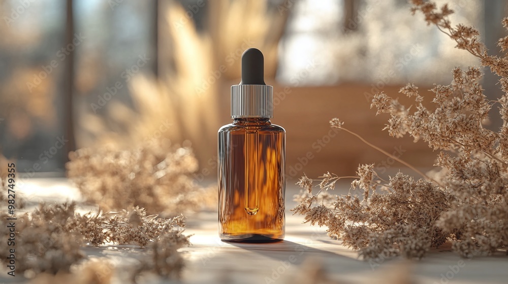 essential oil-infused herbal serum in a matte glass bottle, displayed alongside dry pampas flowers for a nature-inspired skincare aesthetic essential oil-infused herbal serum in a matte glass bottle, displayed alongside dry pampas flowers for a nature-inspired skincare aesthetic