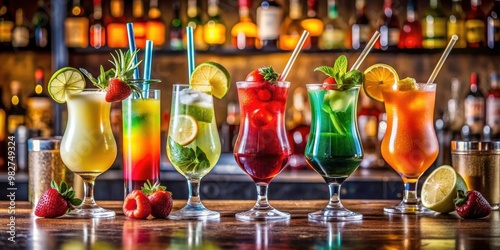 Colorful cocktails on a bar counter with fruits and straws, cocktail, drink, alcohol, bar, counter, party, refreshment photo