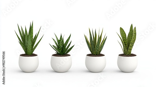 Four elegant green plants in modern white pots, perfect for home decor and interior design inspiration. Ideal for plant lovers.