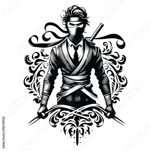 ninja male with victorian flourish decoration in black and white illustrations, cutout graphic