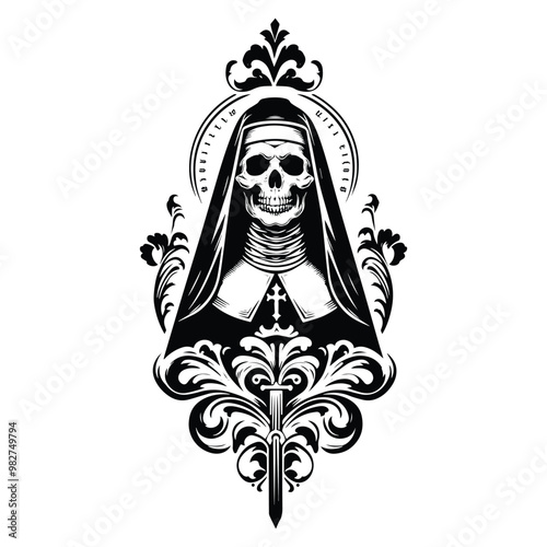nun skeleton with victorian flourish decoration in black and white illustrations, cutout graphic