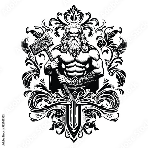 odin nordic god with victorian flourish decoration in black and white illustrations, cutout graphic
