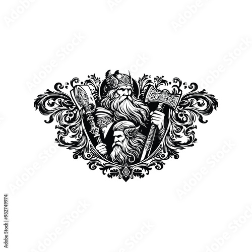 odin nordic god with victorian flourish decoration in black and white illustrations, cutout graphic