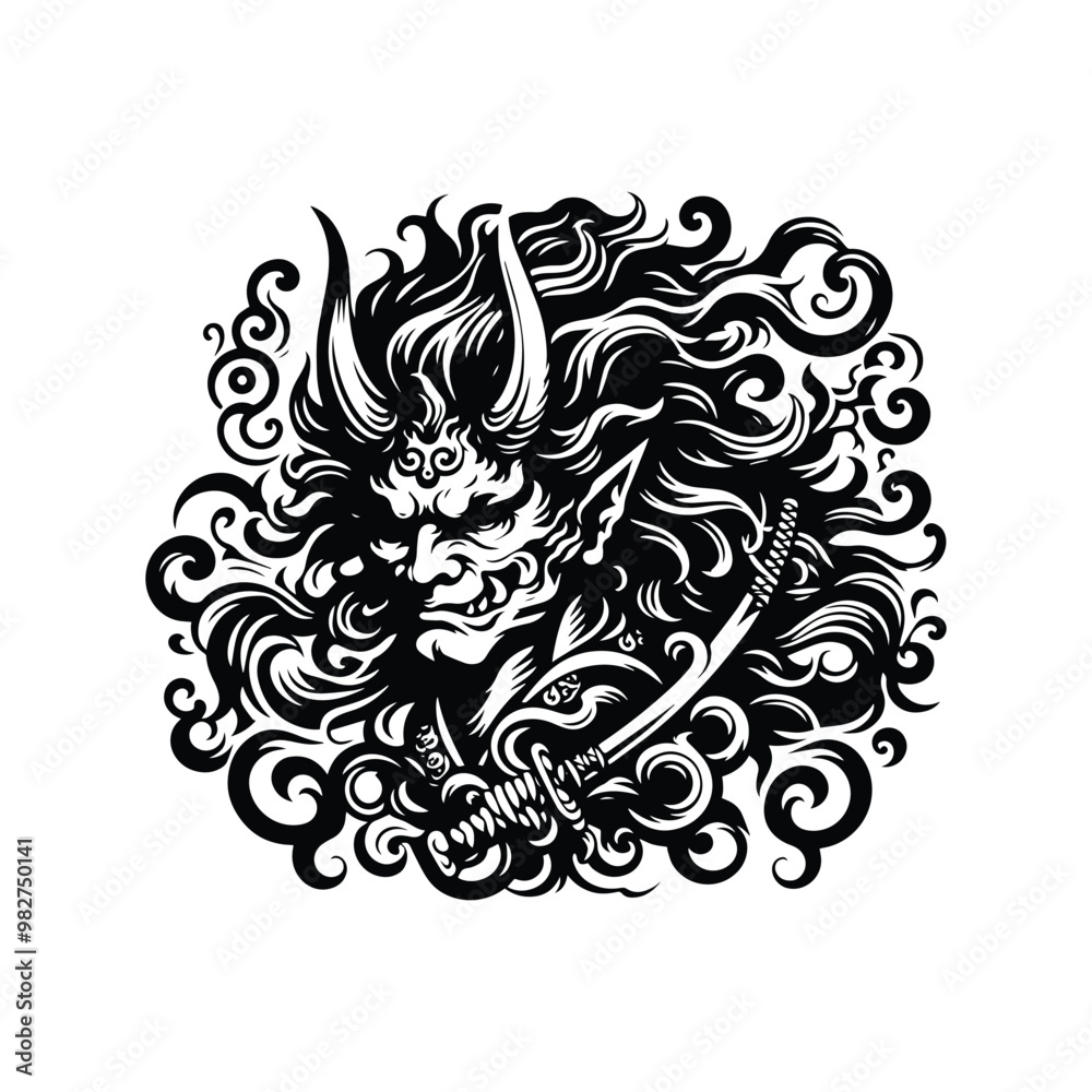Fototapeta premium Oni with victorian flourish decoration in black and white illustrations, cutout graphic