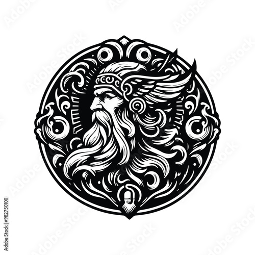 odin nordic god with victorian flourish decoration in black and white illustrations, cutout graphic
