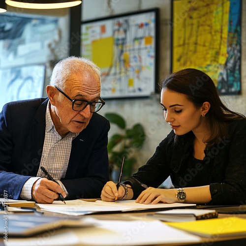 An older executive and a younger colleague collaborating on a project