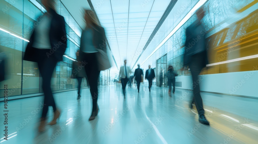 Businesspeople walking and conversing in a sleek office hallway Businesspeople walking and conversing in a sleek office hallway
