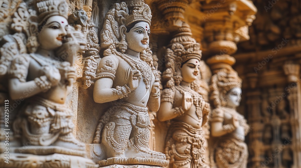 A close-up of intricate carvings and statues inside a Hindu temple, illuminated by natural light A close-up of intricate carvings and statues inside a Hindu temple, illuminated by natural light