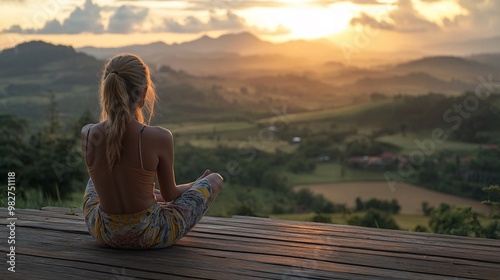 serene landscape as a woman sits on a wooden platform, overlooking the valley and experiencing the beauty of nature’s tranquility