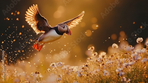 scenic view of a puffin flying over wildflowers in golden light, highlighting the peacefulness and beauty of nature photo