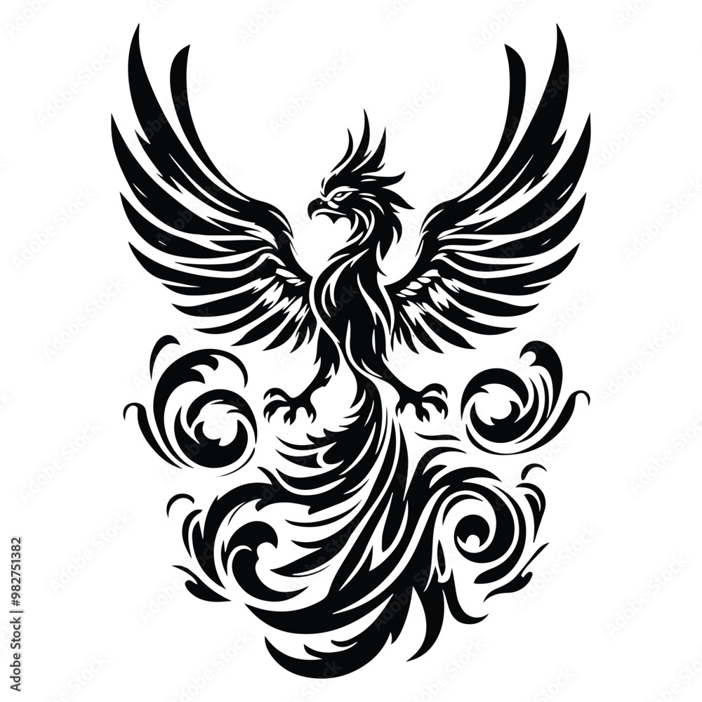 Obraz premium Phoenix with victorian flourish decoration in black and white illustrations, cutout graphic