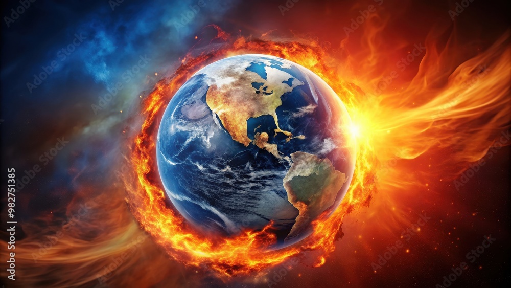of planet Earth burning with flames and smoke , Global warming, climate change, environmental destruction, disaster of planet Earth burning with flames and smoke , Global warming, climate change, environmental destruction, disaster