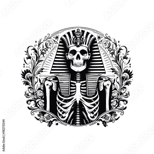 Pharaoh skeleton with victorian flourish, in black and white illustrations, cutout graphic