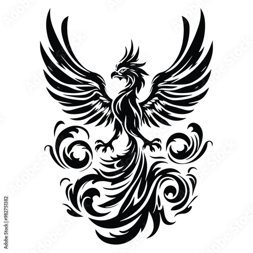 Phoenix with victorian flourish decoration in black and white illustrations, cutout graphic