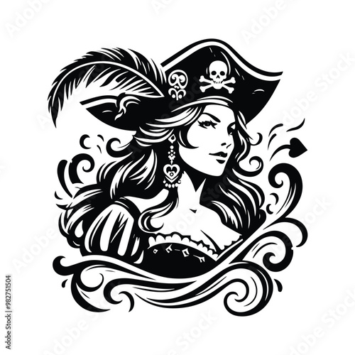 pirate female with victorian flourish decoration in black and white illustrations, cutout graphic