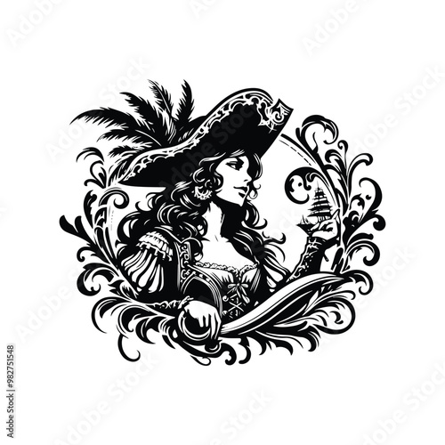 pirate female inside victorian flourish, in black and white illustrations, cutout graphic