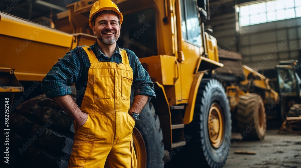 Man in yellow overalls and hard hat poses happily next to a bright yellow construction truck indoors during daylight Man in yellow overalls and hard hat poses happily next to a bright yellow construction truck indoors during daylight