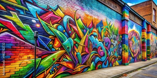 Graffiti art painted on a vibrant street wall , urban, colorful, spray paint, street art, mural