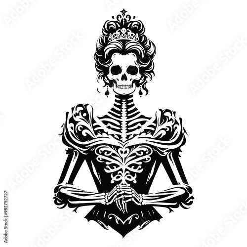 princess skeleton with victorian flourish decoration in black and white illustrations, cutout graphic