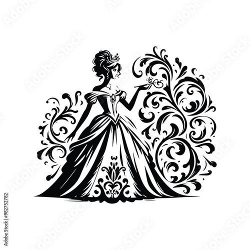 princess with victorian flourish decoration in black and white illustrations, cutout graphic