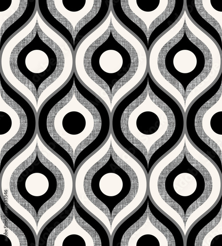 Retro midcentury textured ogee ovals black white Vector pattern. Black & white Retro 70s ogee and circles geometrics with grey fabric texture.