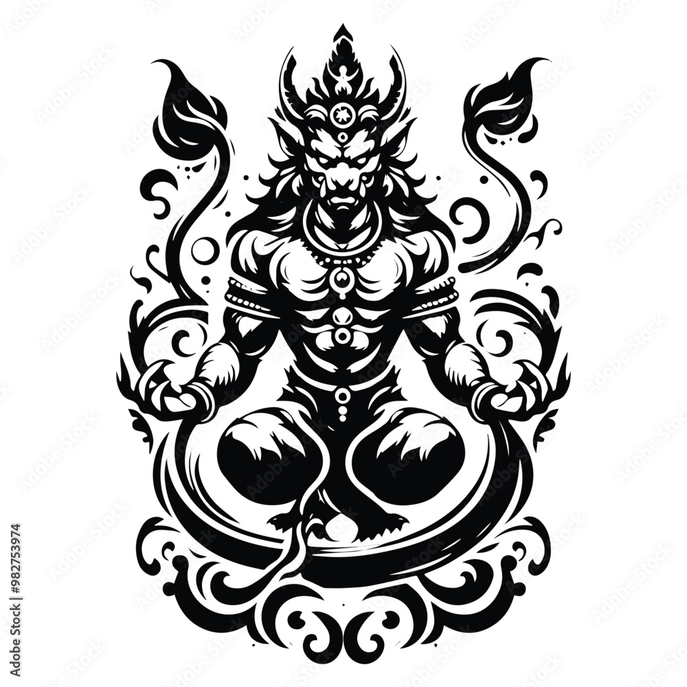 Rakshasa with victorian flourish decoration in black and white illustrations, cutout graphic Rakshasa with victorian flourish decoration in black and white illustrations, cutout graphic