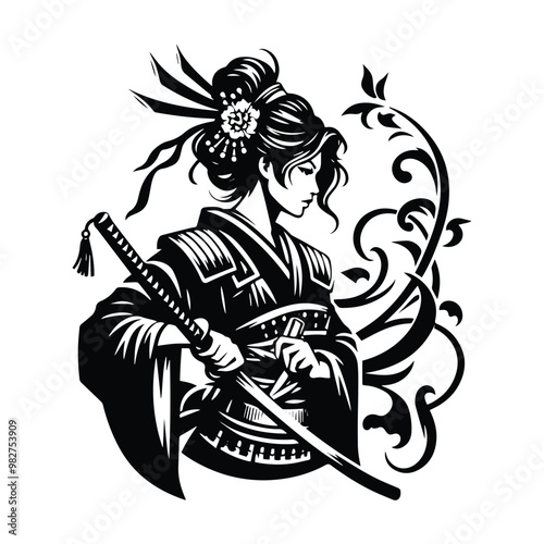 samurai female with victorian flourish decoration in black and white illustrations, cutout graphic