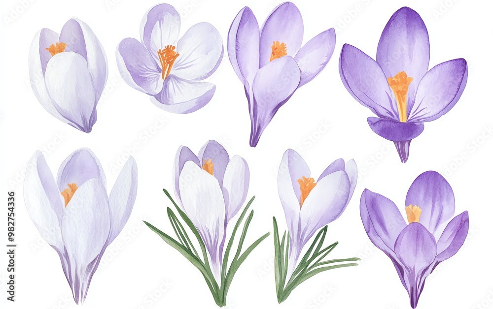 Naklejka premium Watercolor crocus clipart with delicate purple and white flowers