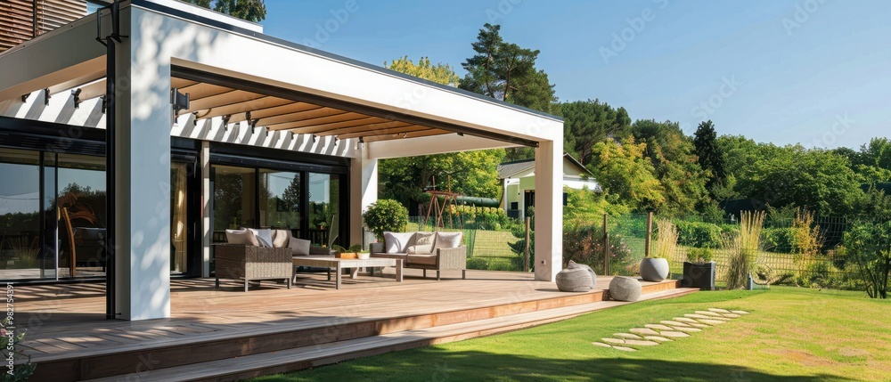 Pergola and terrace of modern prefabricated house Pergola and terrace of modern prefabricated house