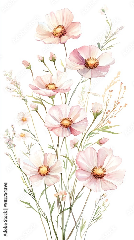 Fototapeta premium Watercolor cosmos clipart with delicate pink and white flowers