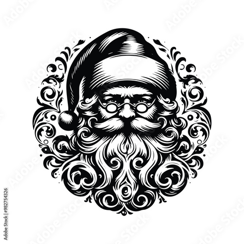 santaclaus with victorian flourish decoration in black and white illustrations, cutout graphic black and white illustration