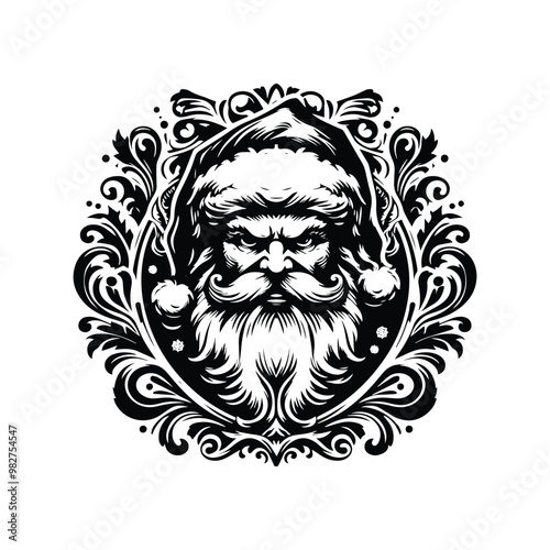 santaclaus with victorian flourish in black and white illustrations, cutout graphic black and white illustration