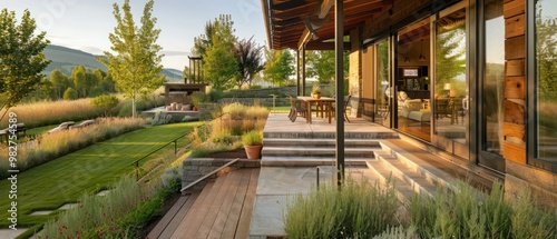 Porch of a house with outdoor staircase that leads down to the grassy yard. A glass door, tables, and chiars can also be seen at this relaxing outdoor living space. photo