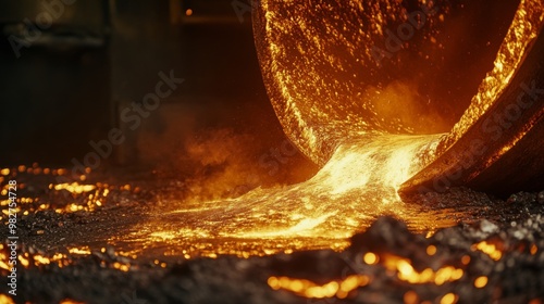 Molten metal pouring into a cast in an industrial foundry, showcasing the intense heat and energy of the metalworking process. photo
