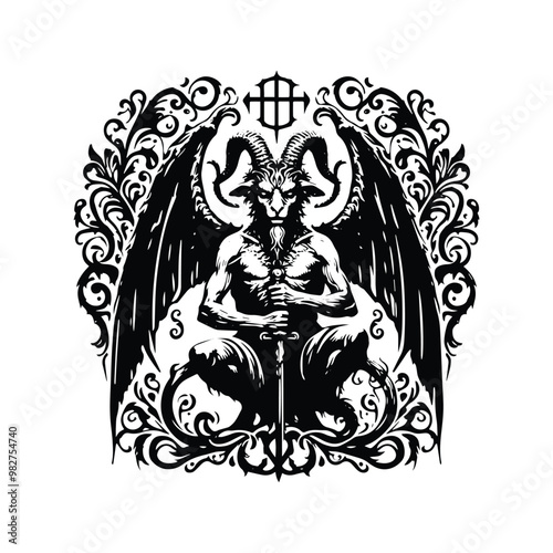 Satan with victorian flourish, in black and white illustrations, cutout graphic