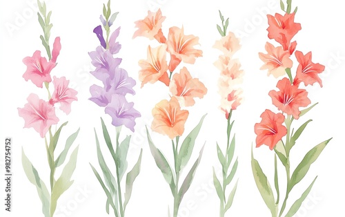 Watercolor gladiolus clipart with tall spikes of colorful blooms
