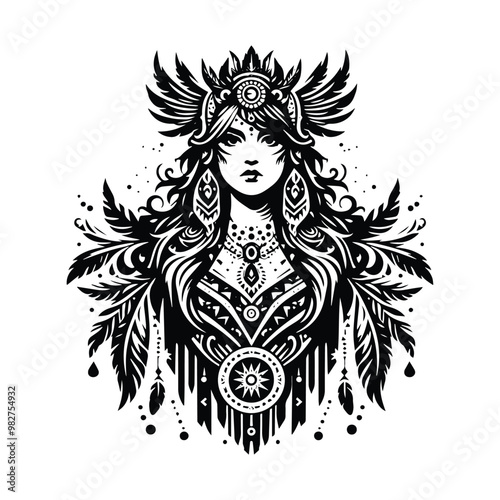 shaman female with victorian flourish decoration in black and white illustrations, cutout graphic