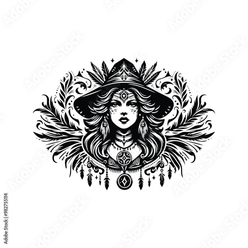 shaman female with victorian flourish decoration in black and white illustrations, cutout graphic black and white illustration