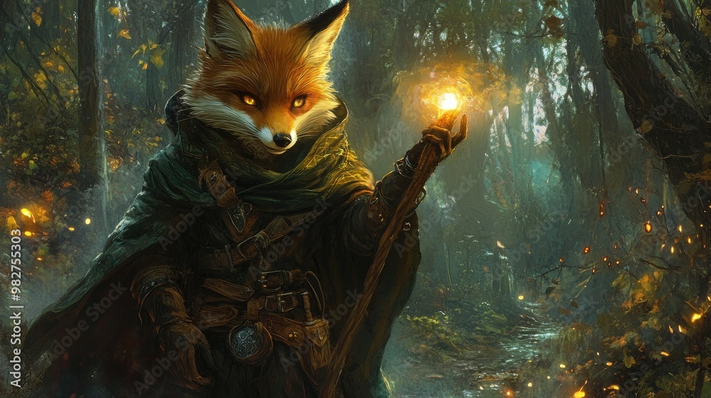 Fototapeta Enchanted forest with a fox in wizard costume, holding a glowing staff, evoking a sense of fantasy and magic.