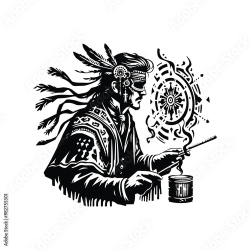 shaman male with victorian flourish decoration in black and white illustrations, cutout graphic