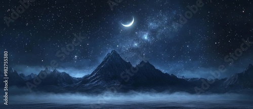 mountain. backgrounds night sky with stars and moon and clouds.