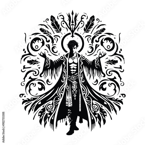 shaman male with victorian flourish decoration in black and white illustrations, cutout graphic