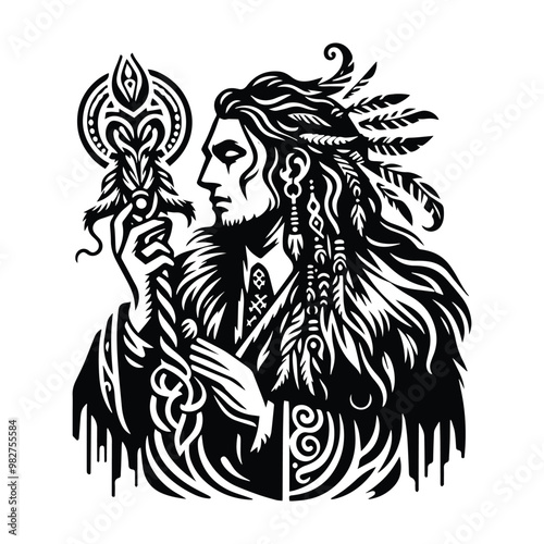 shaman male with victorian flourish decoration in black and white illustrations, cutout graphic