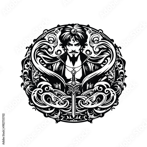 sinbad with victorian flourish decoration in black and white illustrations, cutout graphic