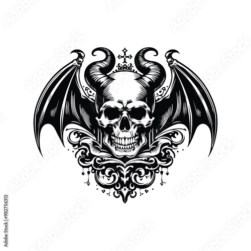 skull with horn and bat wing with victorian flourish in black and white illustrations, cutout graphic black and white illustration