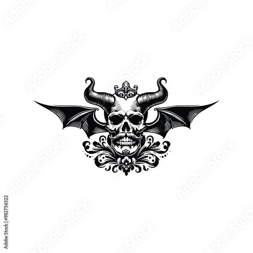 skull with horn and bat wing with victorian flourish decoration in black and white illustrations, cutout graphic black and white illustration